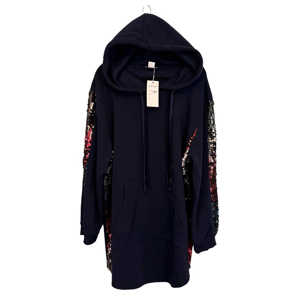 Z Avenue USA Dress Womens 2XL Navy Blue Sweater Sequins Hooded Mini Long Sleeve